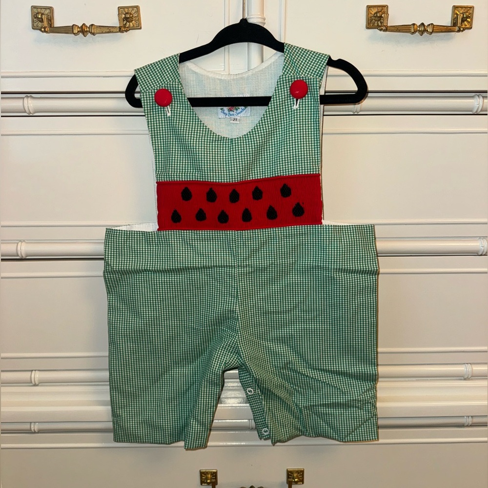 Busy Bees Smocks NWOT Smocked Watermelon Shortall Romper - 2T